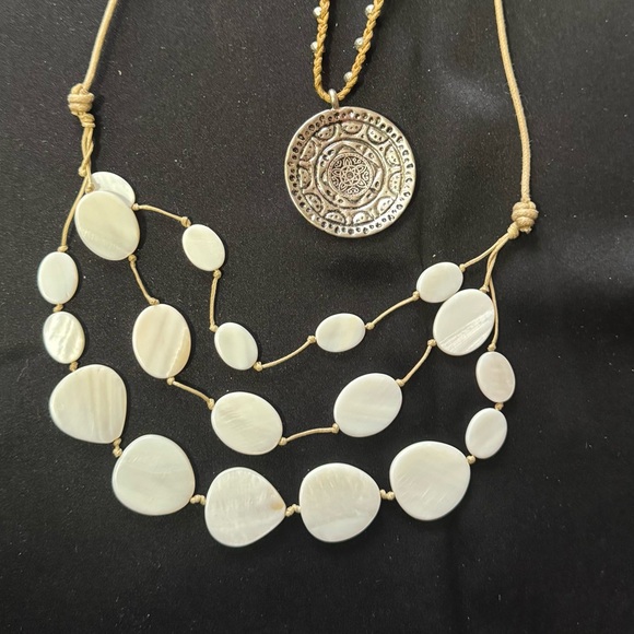 Layered White Shell & Silver Medallion Necklace Set | Boho Statement Jewelry - Picture 3 of 11